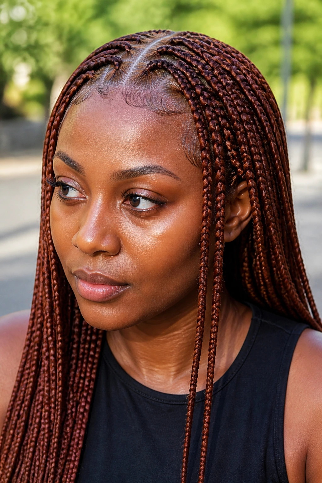 Close-up of Auburn Fulani Braids framing the face on deep skin