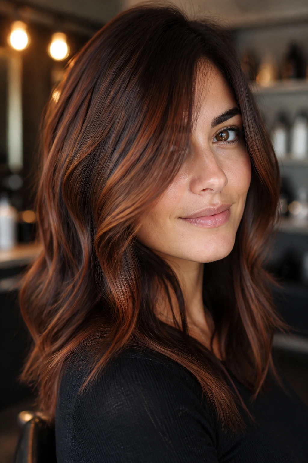 Close-up of dark hair with auburn glaze showing warm coppery tones.
