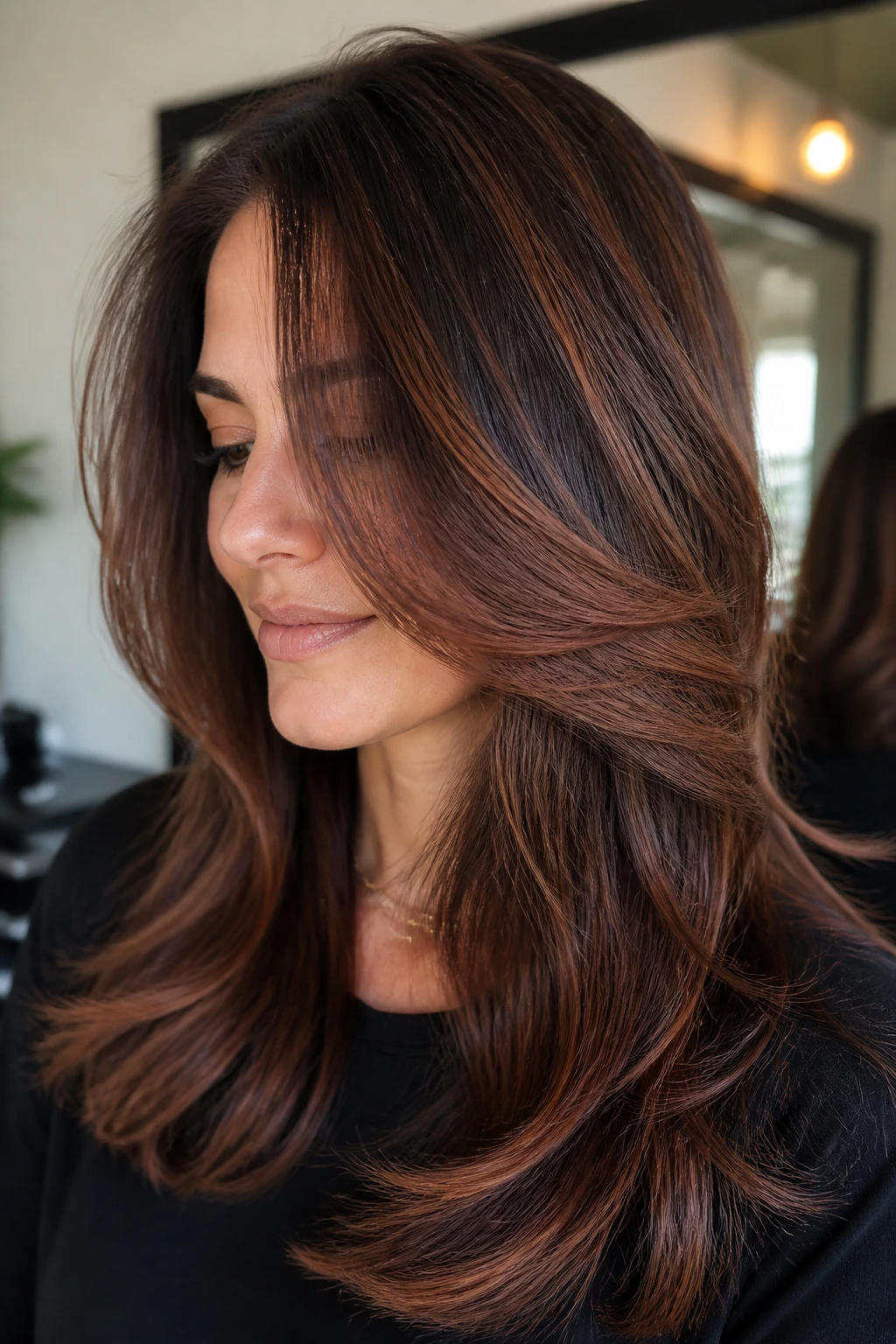 Close-up of layered brunette with auburn glaze highlighting layers.