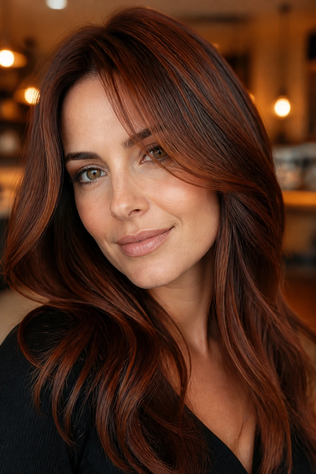 Close-up of a real person with auburn gloss and cinnamon lowlights
