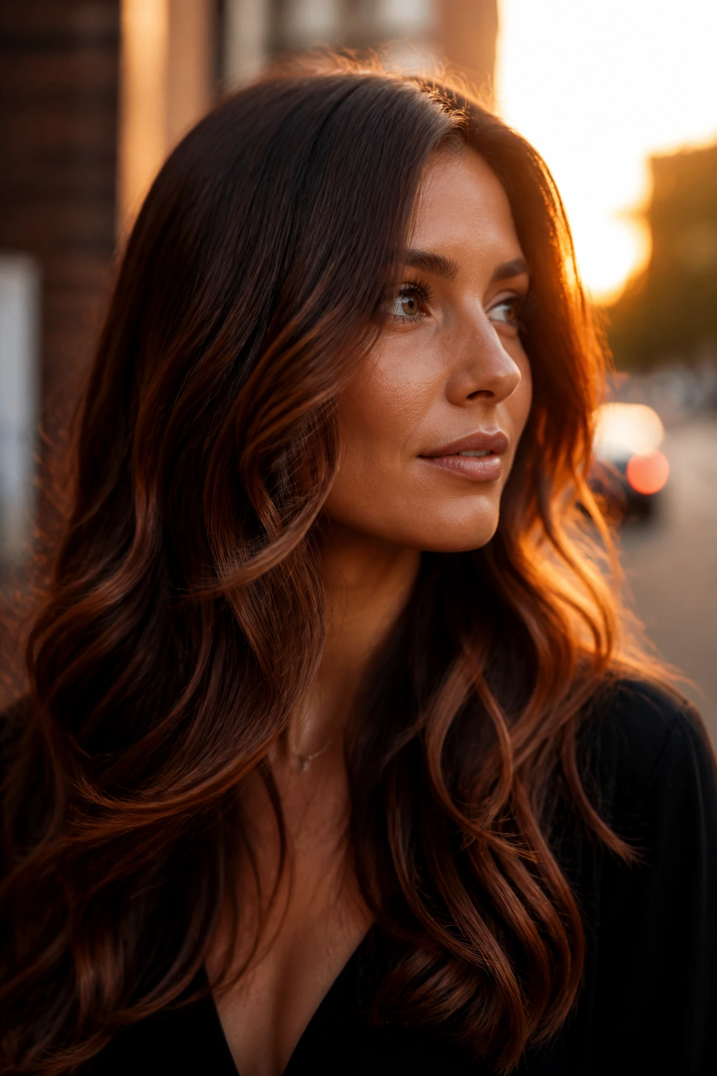 Medium close-up of brunette with auburn-gold chestnut highlights