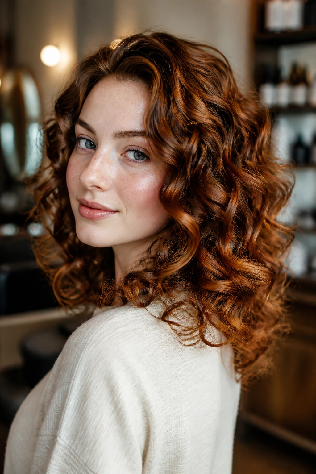 Close-up portrait of a real person with auburn hair in warm light