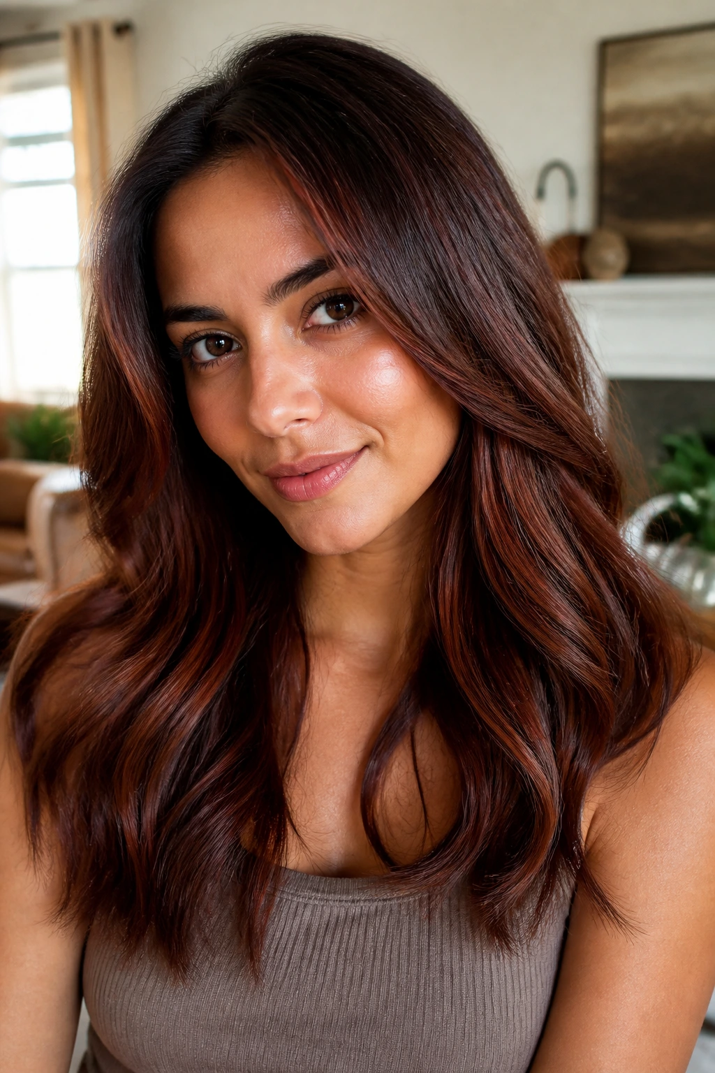 Close-up portrait of a real person with medium skin showing auburn-brown hair highlights