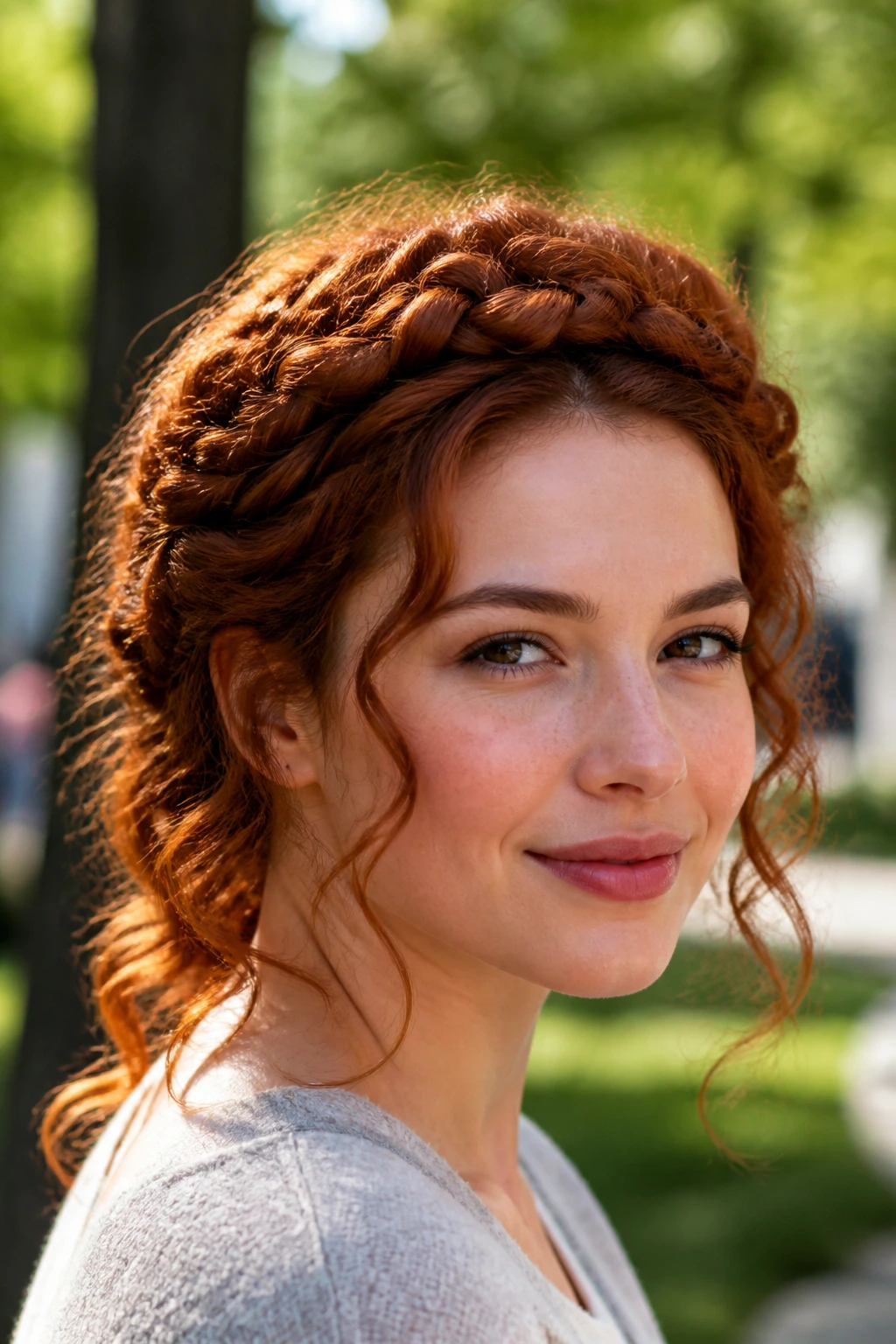 Close-up of real woman with auburn halo braid.