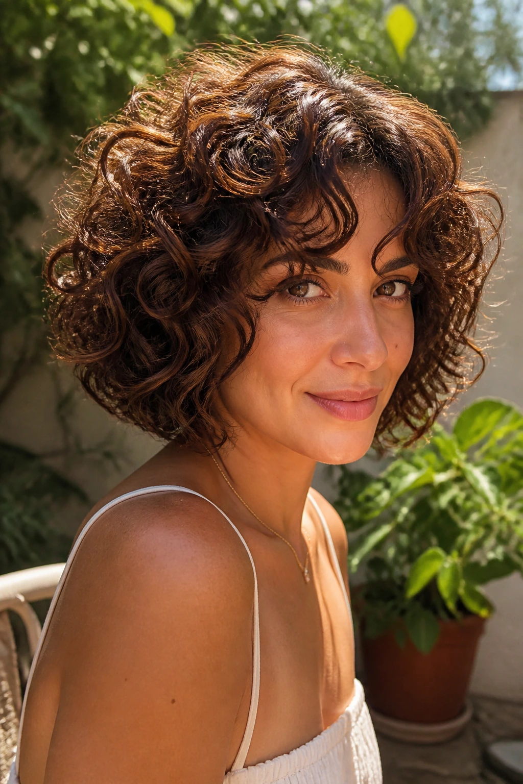 Brunette with Auburn Halo Bob and crown glow around the head.