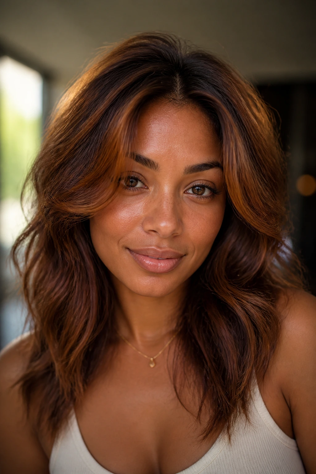 Close-up of a real woman with an auburn halo highlighting the crown area
