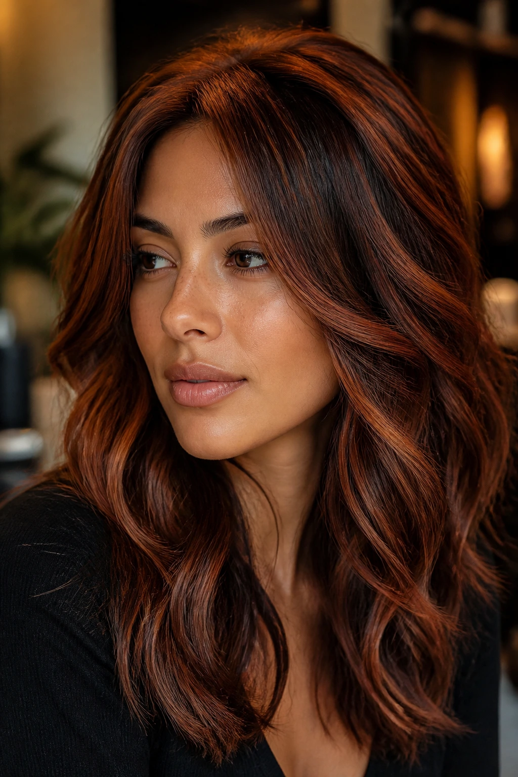 Close-up of a real woman with medium skin showing auburn halo highlights at the crown in beachy waves.