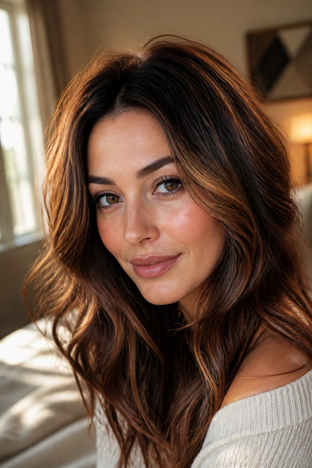 Close-up of brunette hair with auburn halo highlights around the crown