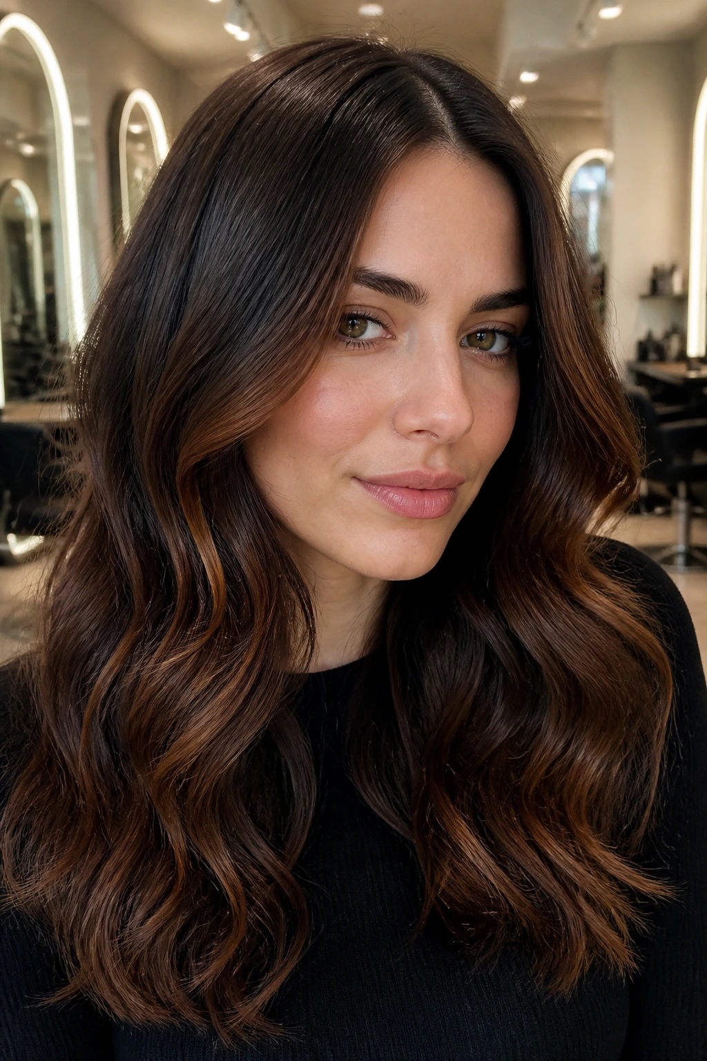 Close-up of brunette hair with muted auburn highlights framing the face