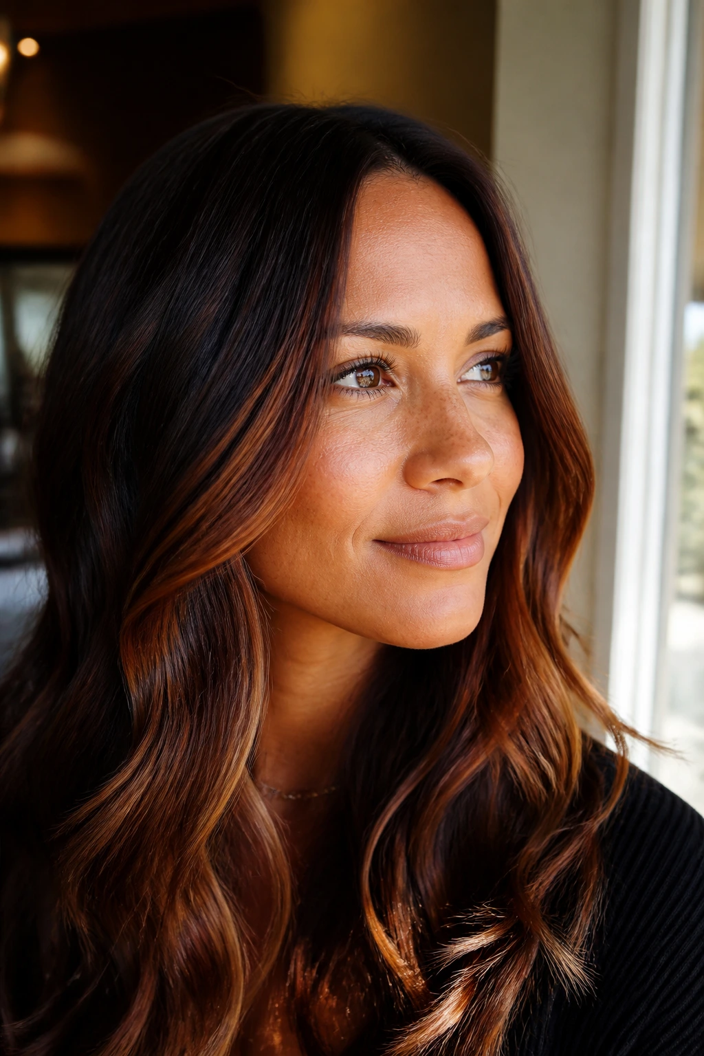 Auburn-tinted highlights on brunette hair with warm interior lighting