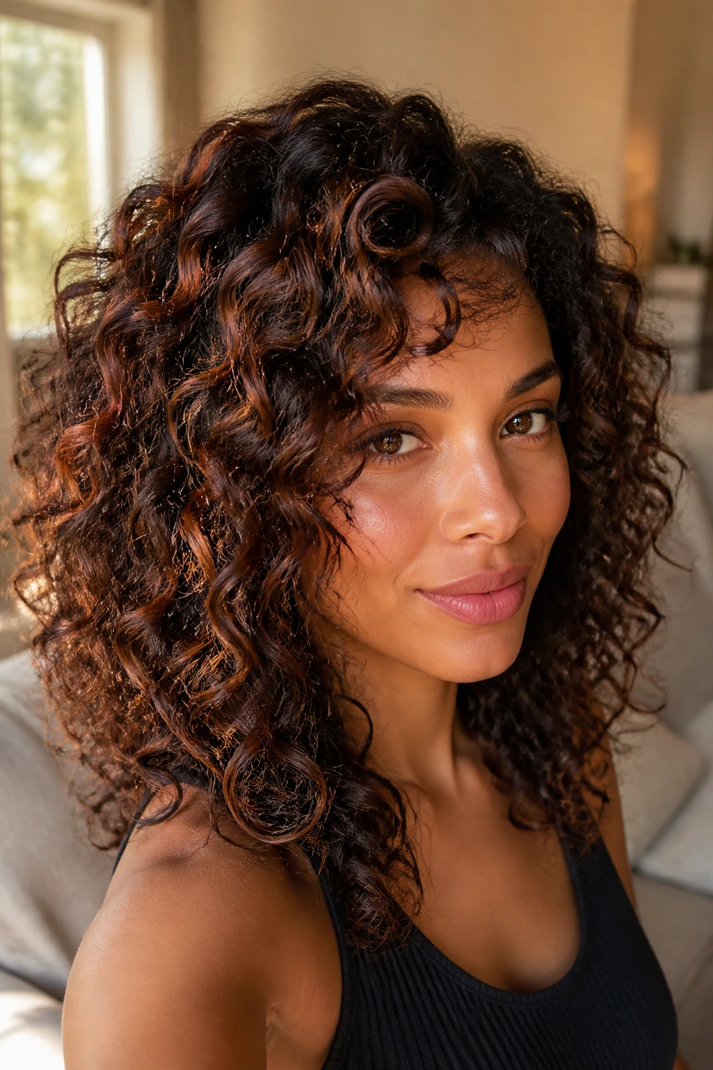 Close-up of a real woman with auburn ribbon highlights in curly hair, warm window light