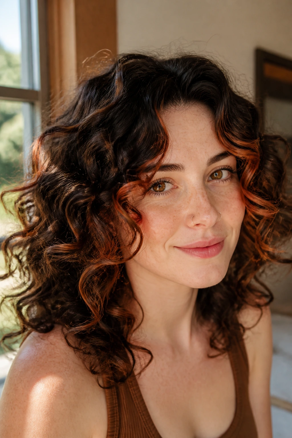 Close-up portrait of a person with auburn highlights framing the face in natural light.