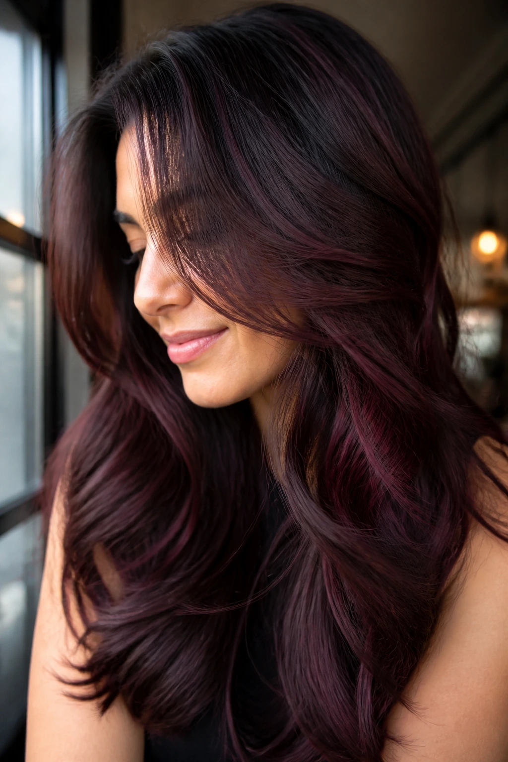 Close-up of a real woman with wine-toned auburn hair accents framing the face in warm window light.