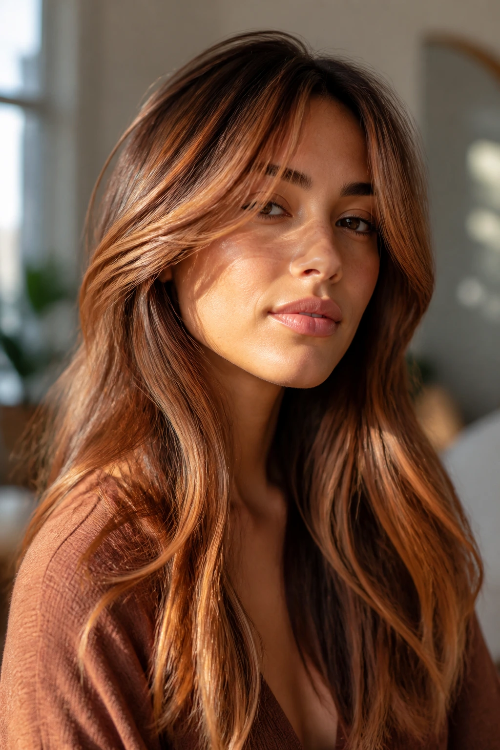 Close-up portrait of a real woman with auburn-honey blend framing the face.