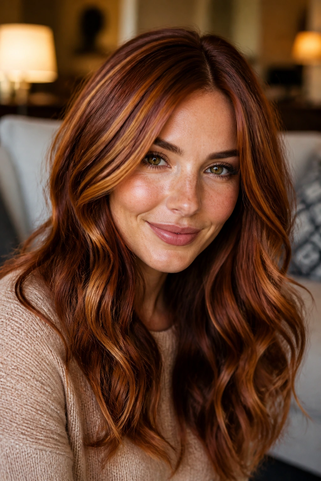 Close-up portrait showing thin honey streaks in auburn hair