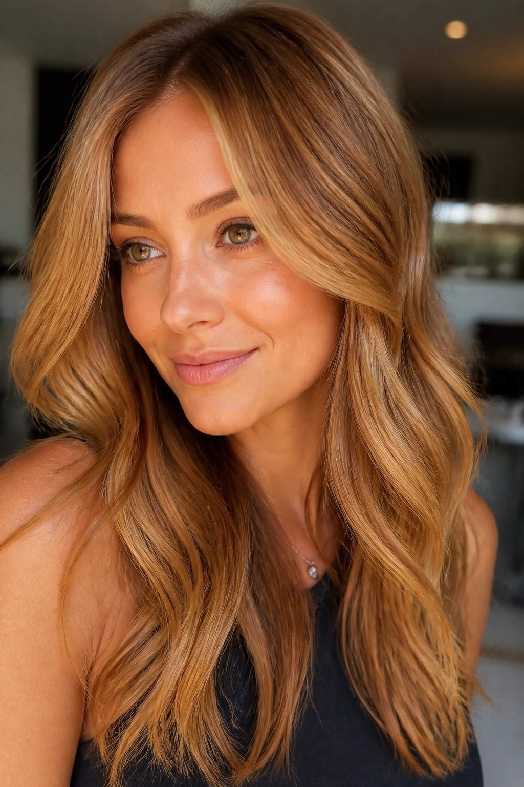 Real woman with auburn-infused blonde hair in warm light.