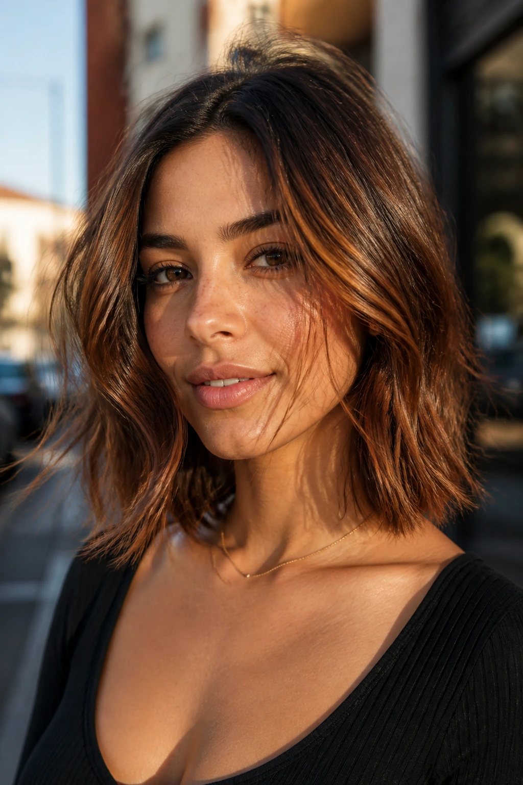 Close-up of a real person with airy lob and soft auburn lacing in warm light