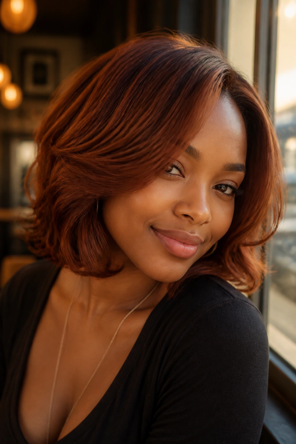 Close-up of a Black woman with an auburn layered bob and a soft bend.