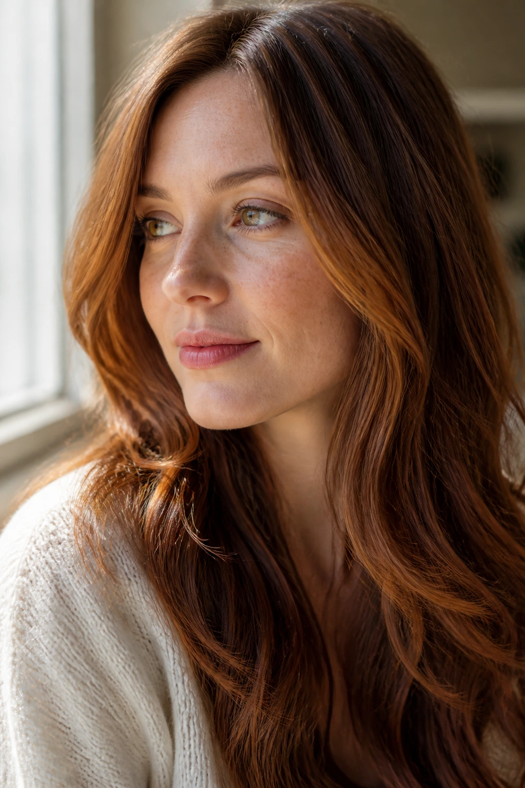 Close-up of a fair-skinned woman with peach undertones and auburn-leaning amber in soft brown hair