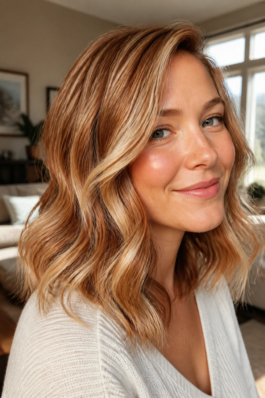 Close-up of a real woman with Auburn-Threaded Blonde Waves featuring auburn lowlights in blonde hair.
