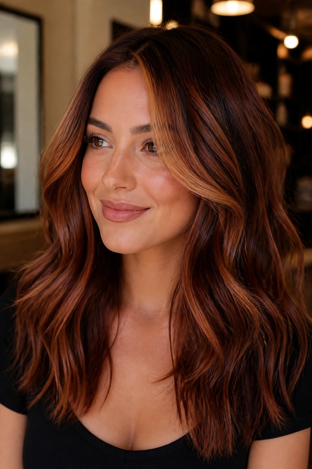Close-up of auburn brown hair with lowlights and highlights on a real woman