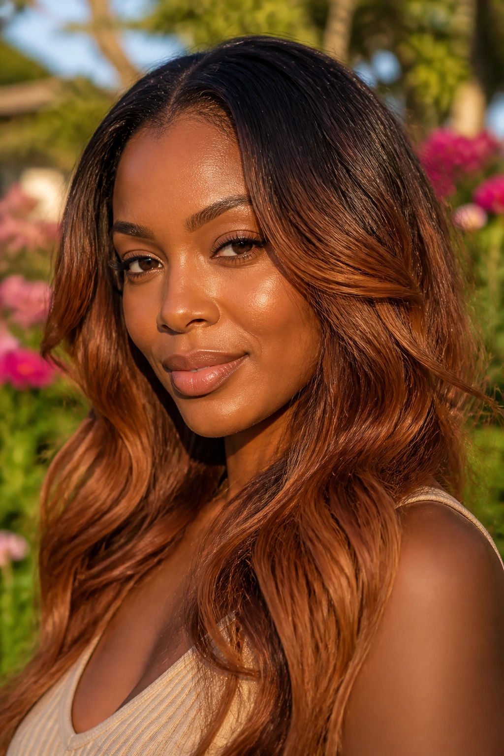 Close-up portrait of a woman with auburn melt hair in golden hour light.