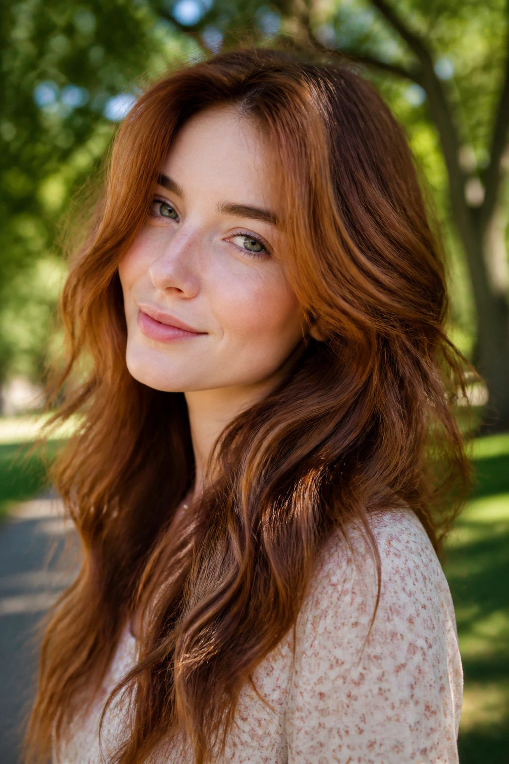 Close-up portrait of a real woman with Auburn Melt hair color showing gradient from auburn to brown