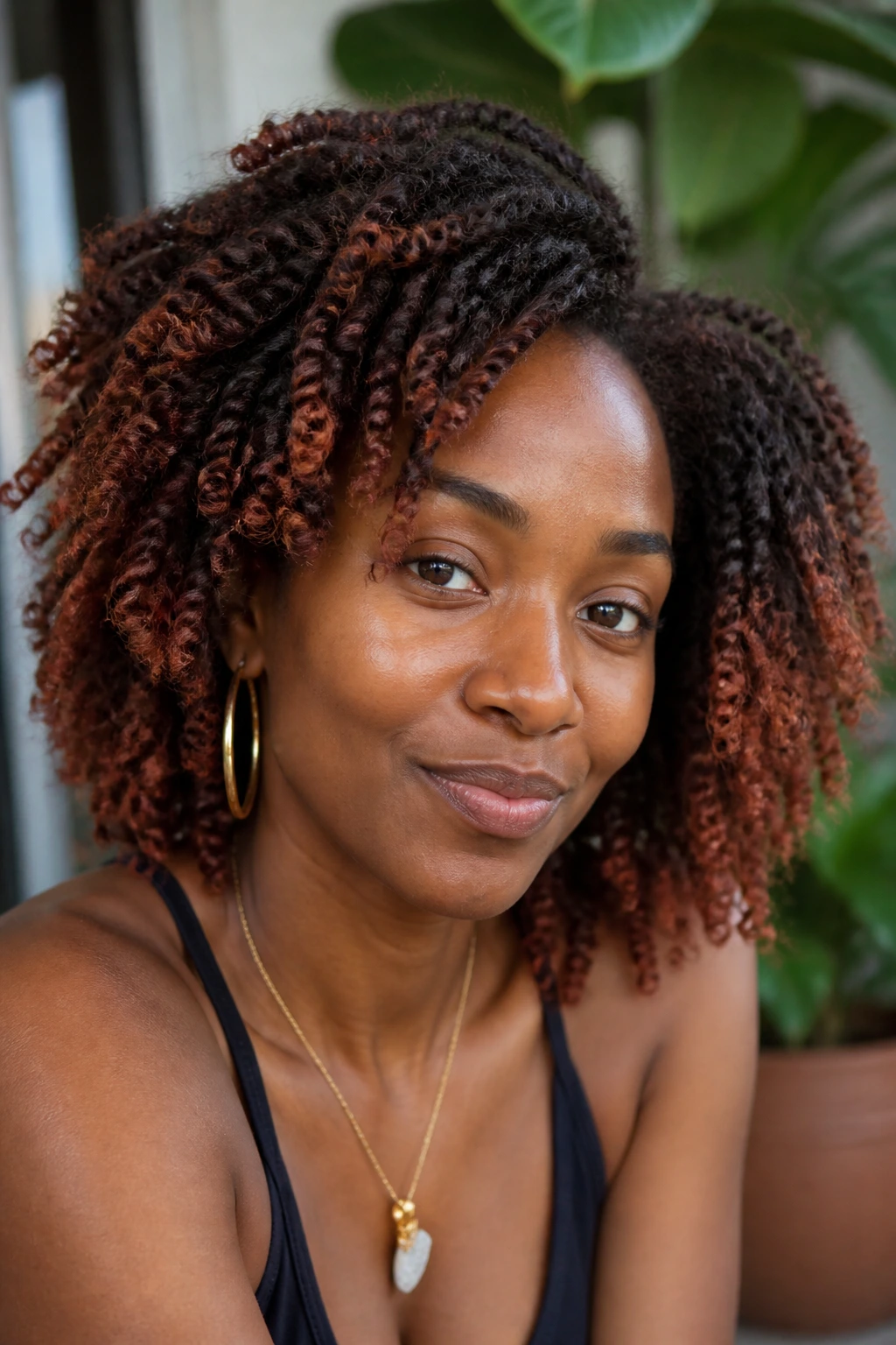 Close-up of a real person with twist-out texture and auburn melt color.