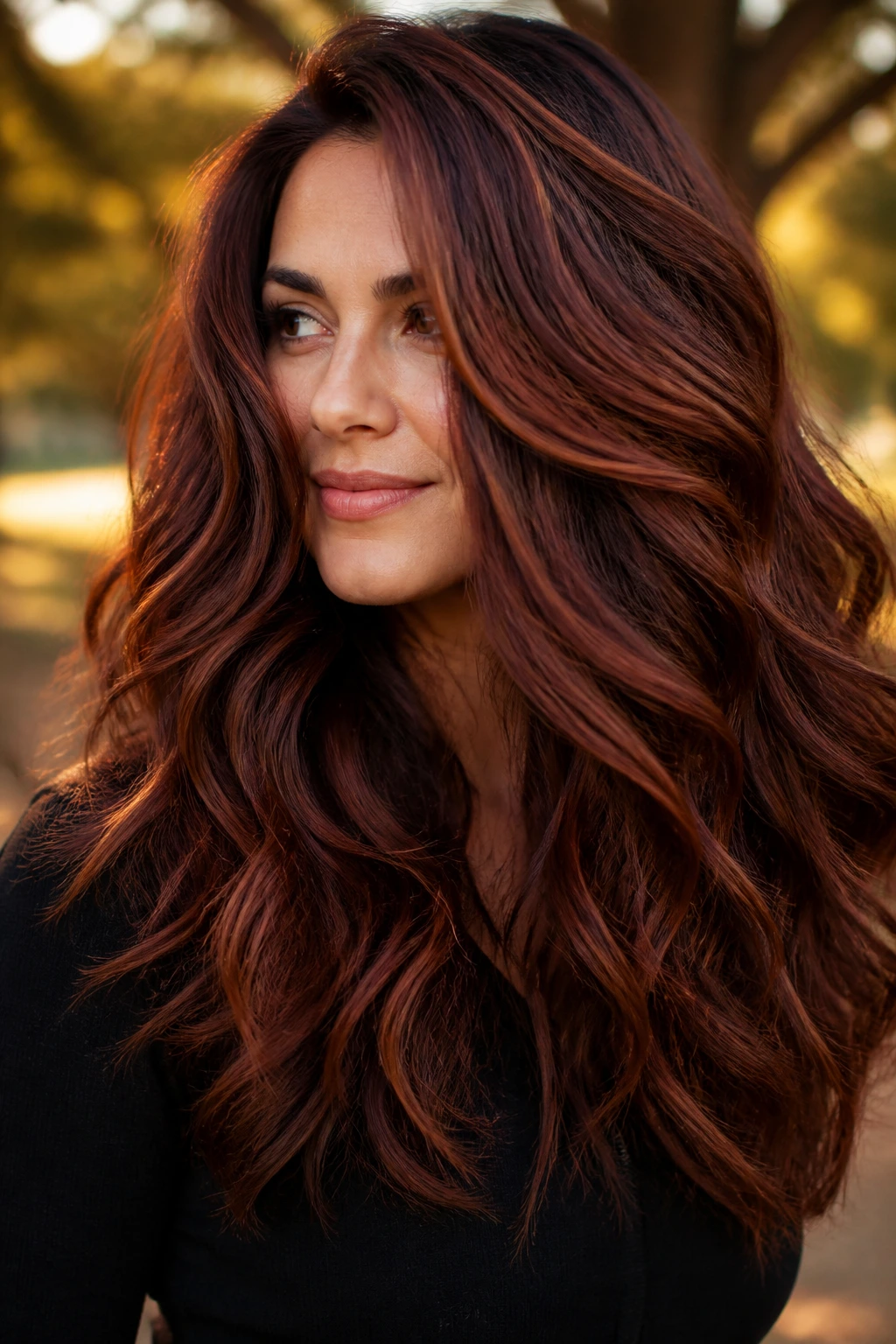 Close-up of a real person with multi-tone auburn mosaic in thick hair.