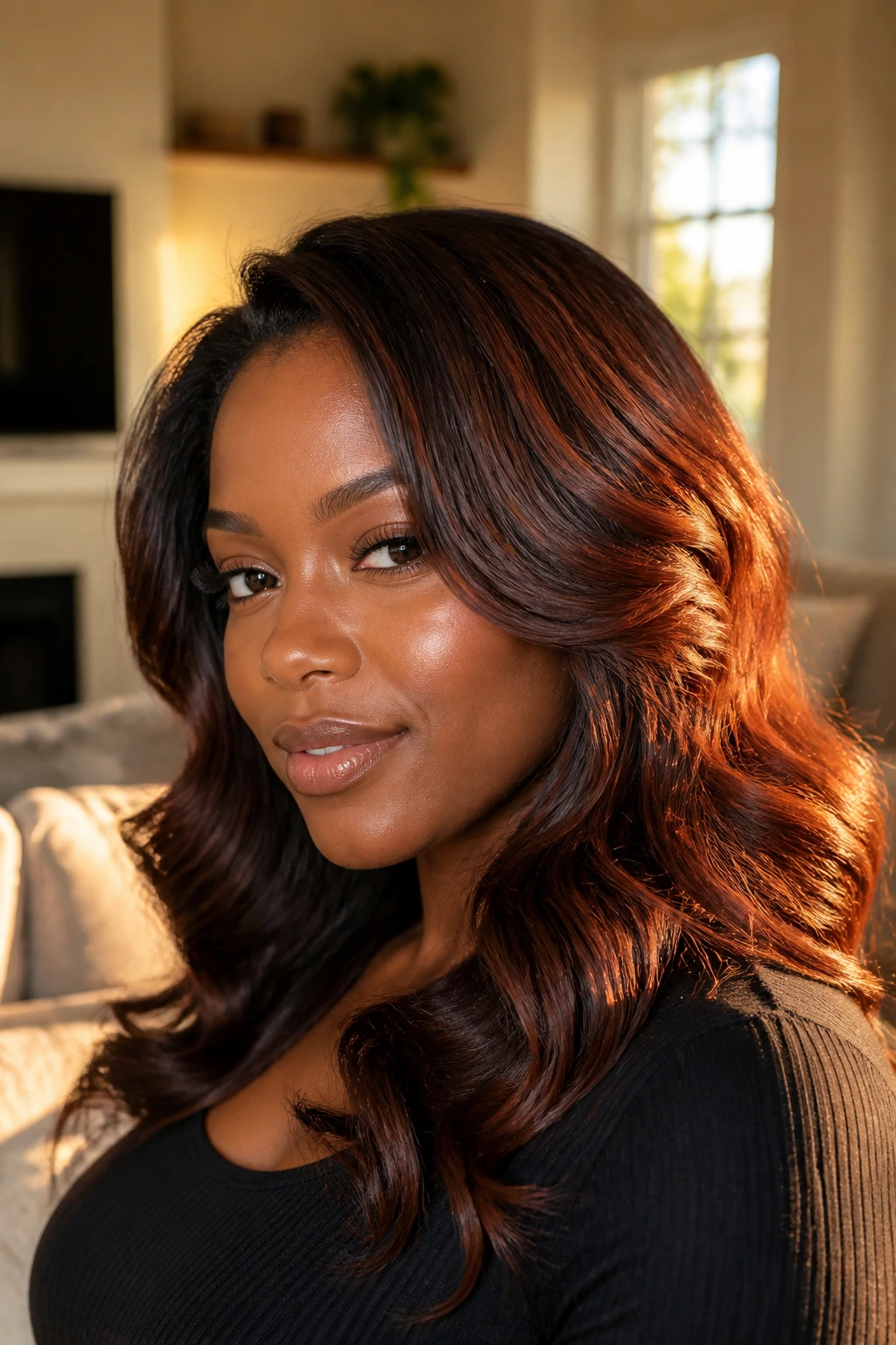 Close-up portrait of a real person with auburn overlay on dark hair in warm indoor light
