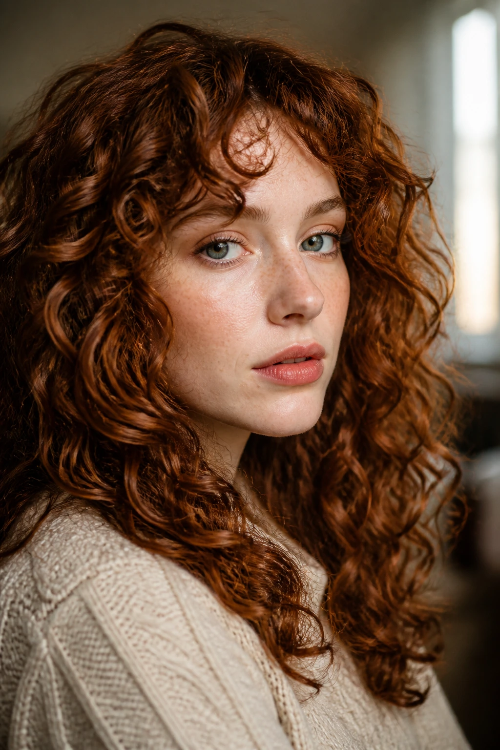 Close-up of pale skin and curly auburn hair under window light