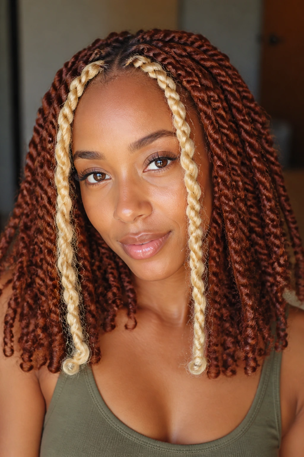 Close-up of auburn passion twists with bright front strip on a real woman