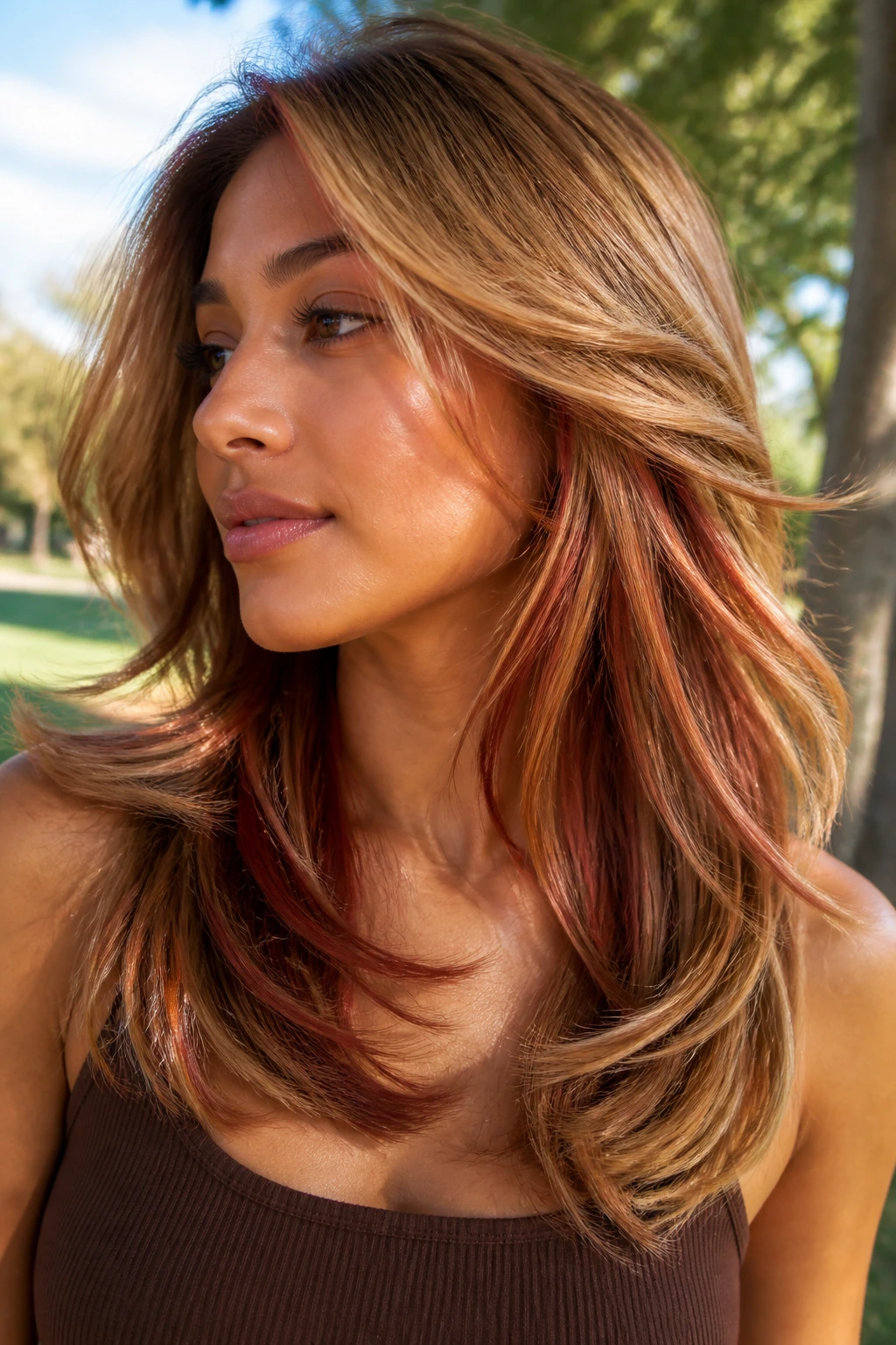 Portrait of a woman with auburn peekaboo layers visible as hair moves.