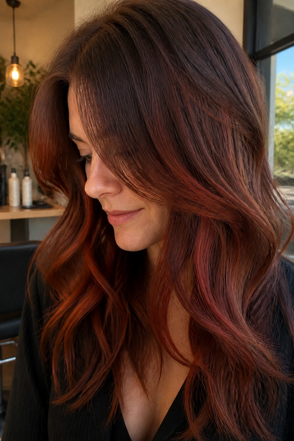 Close-up portrait of a real woman showing Auburn peekaboo layers