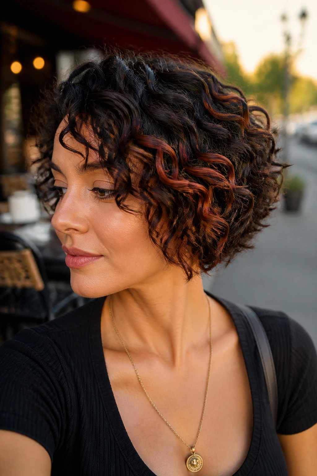Close-up of short curly hair with auburn peekaboo panels