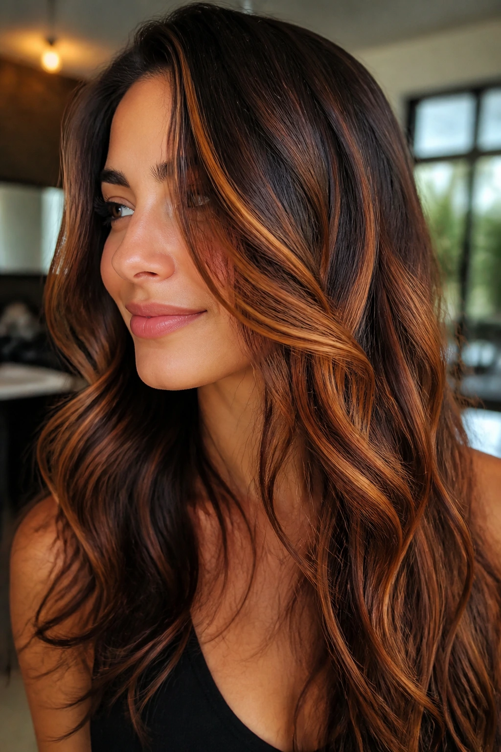 Close-up of brunette hair with auburn ribbon highlights.