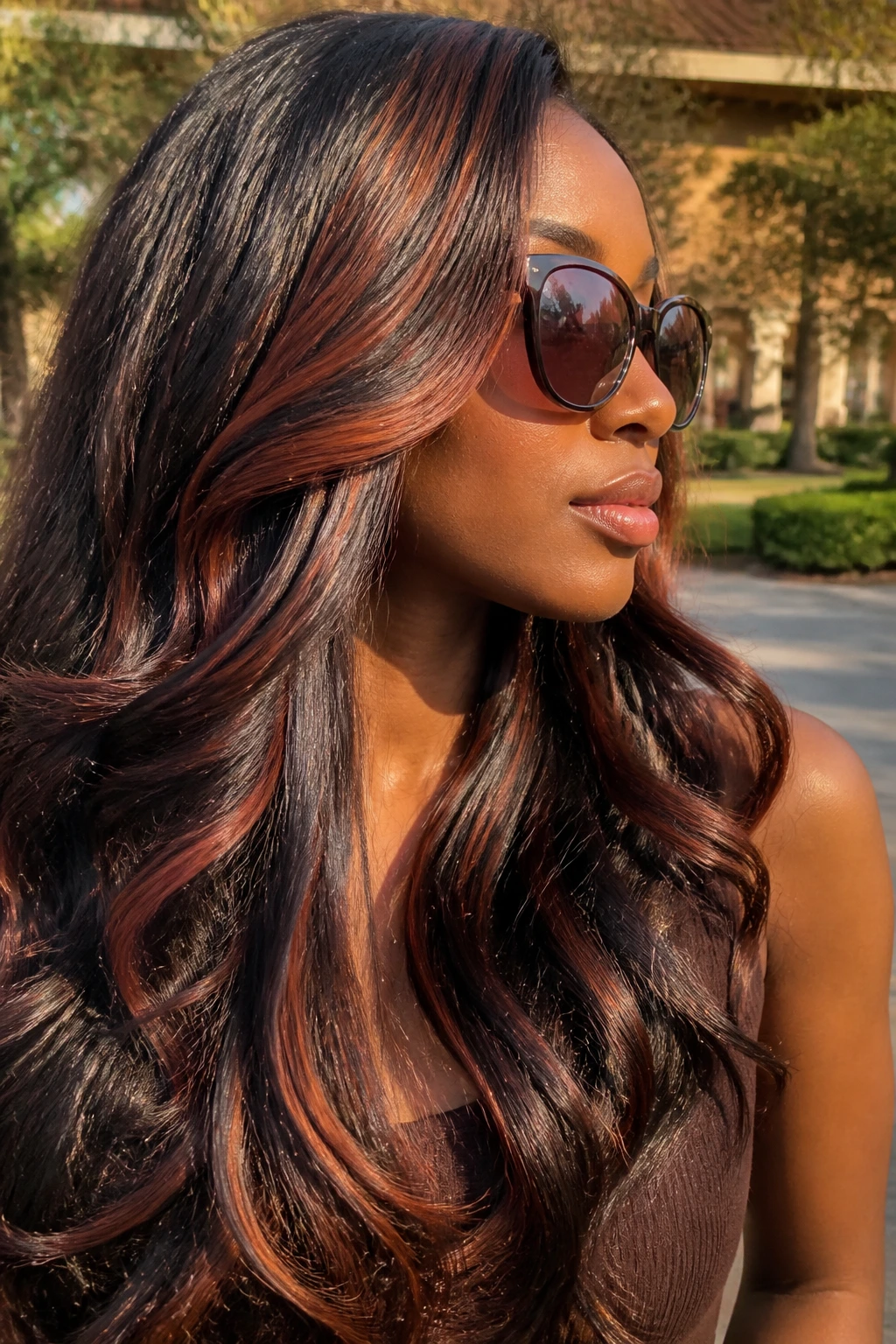 Close-up of a real woman with auburn ribbon lights in brunette hair