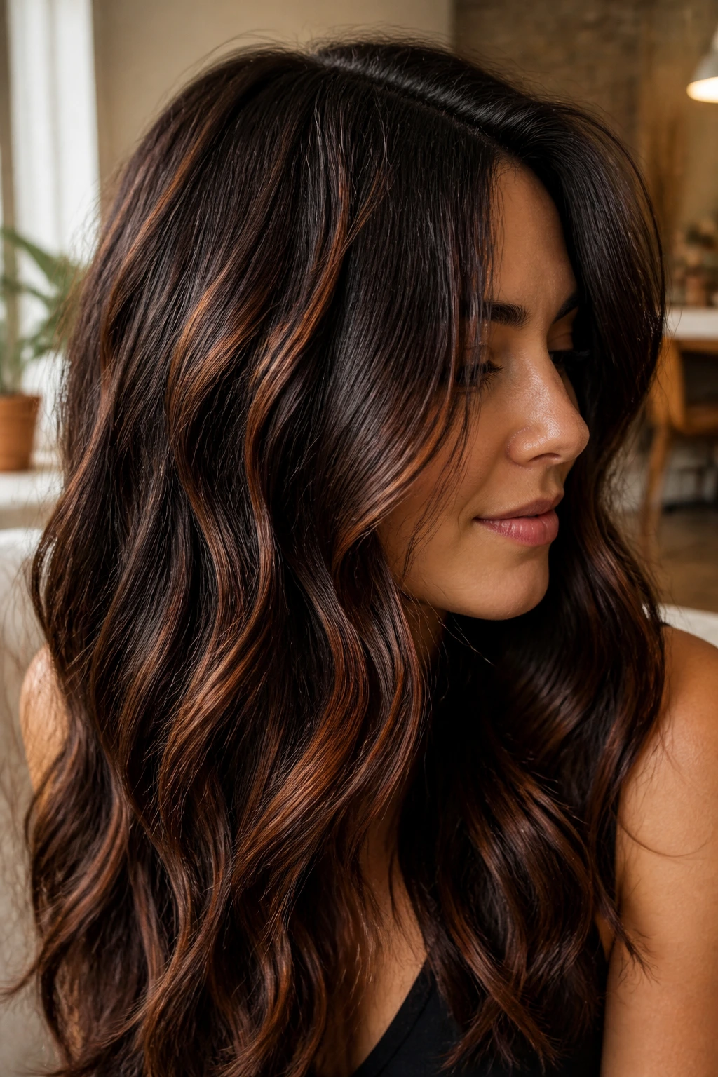 Close-up of auburn ribbons in dark chocolate layered waves on a real person