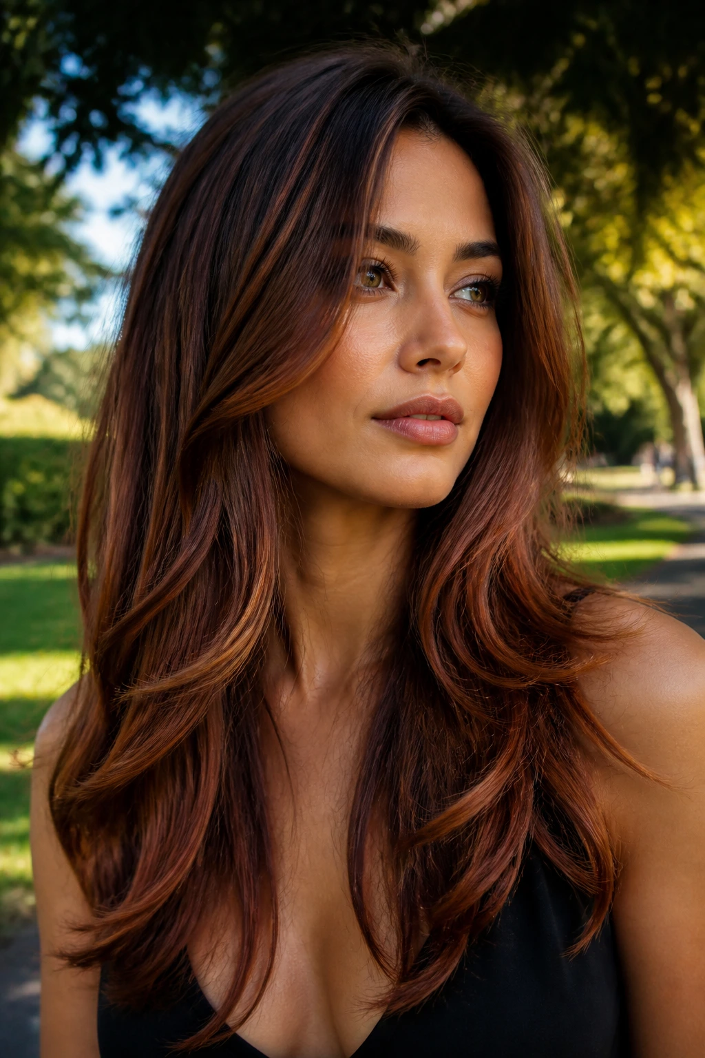 Close-up of a real woman with long hair and soft auburn ribbons.