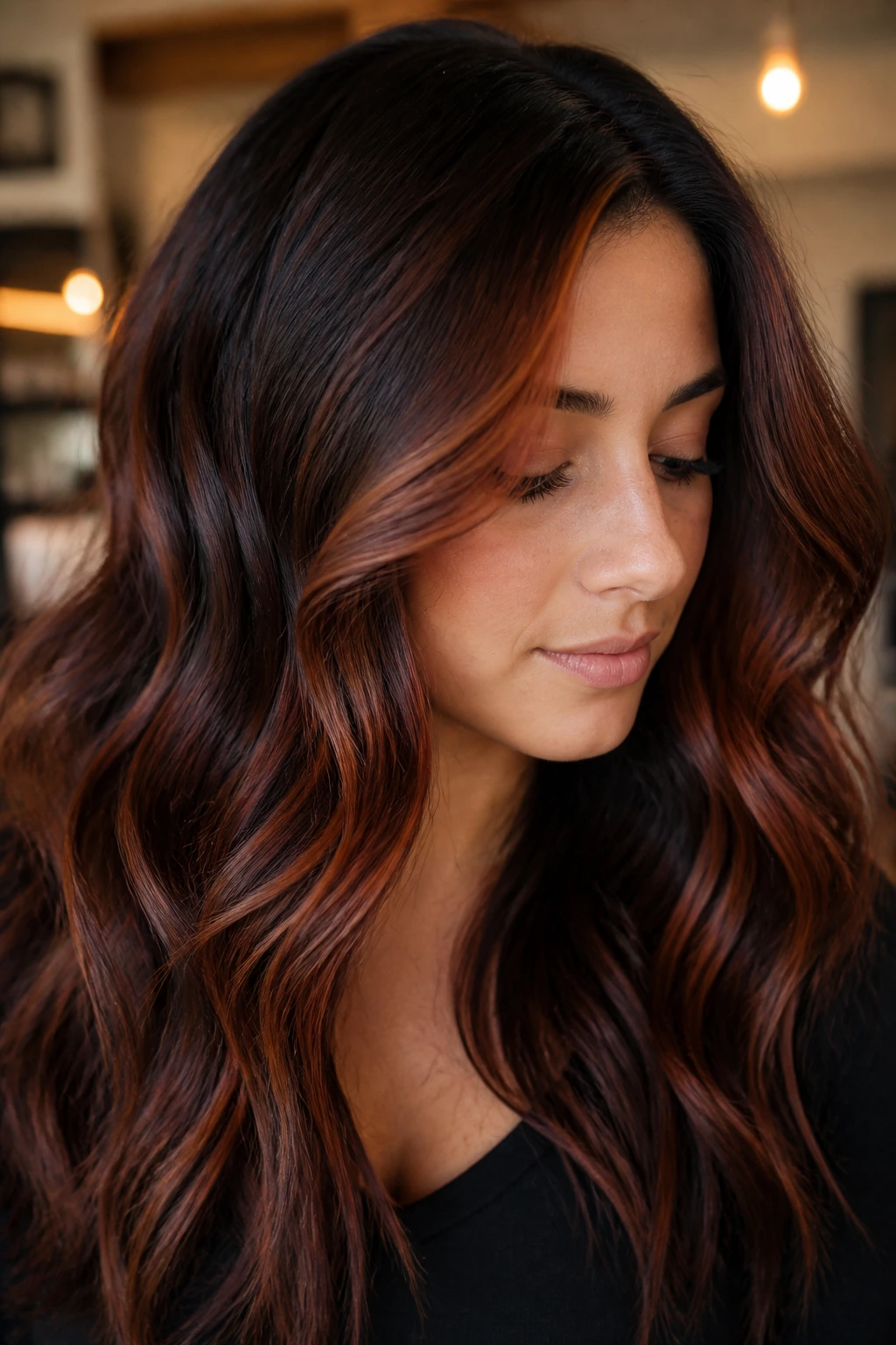 Close-up of dark hair showing copper and mahogany auburn shades