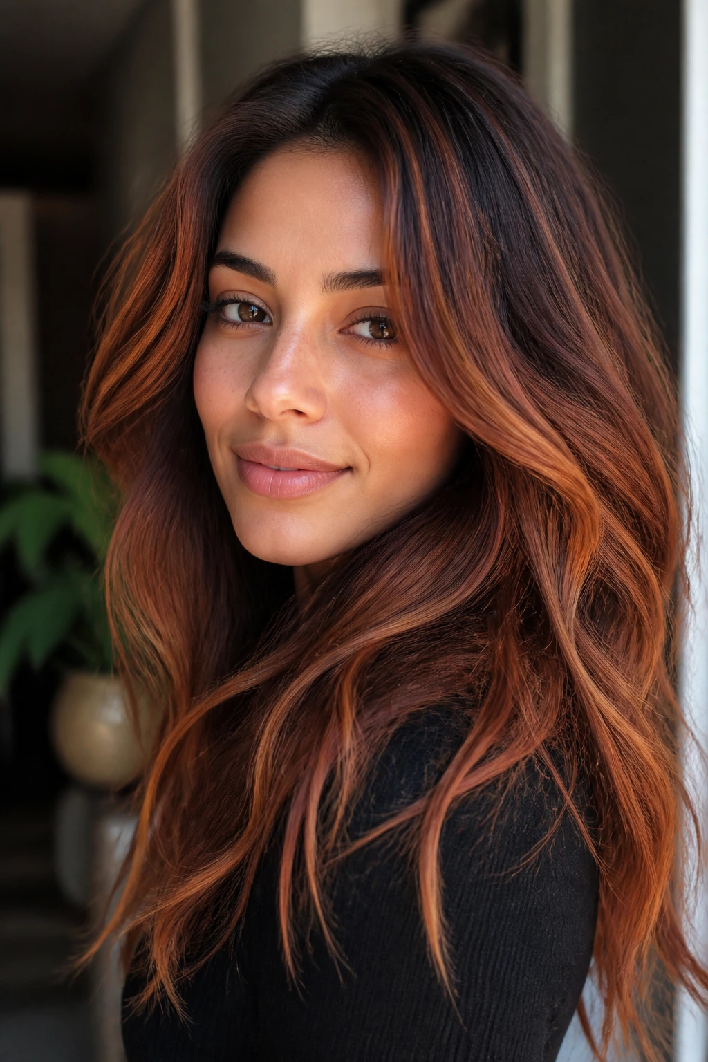 Portrait of a person with hair gradient from cinnamon to copper showcasing shade range