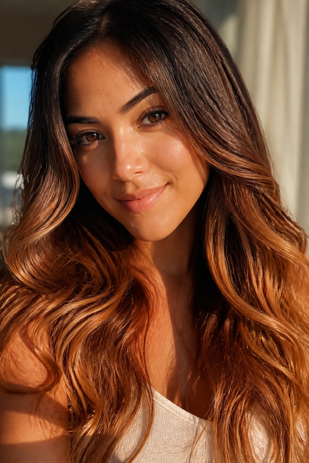 Close-up of hair showing golden auburn sombré on medium skin tone