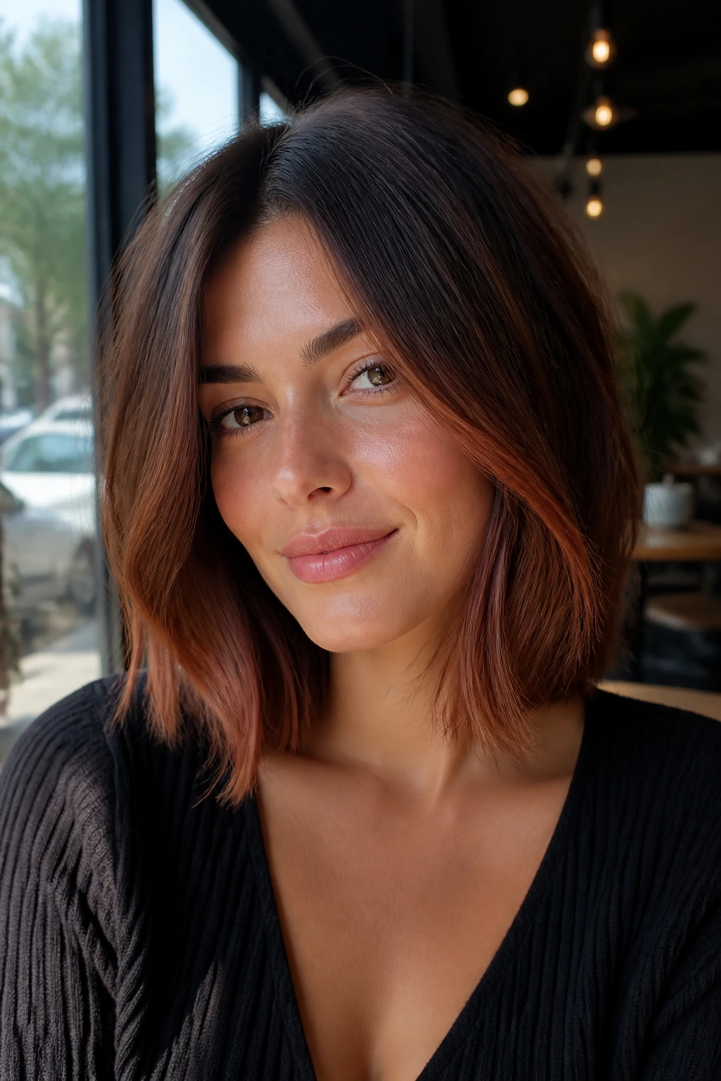 Lob with auburn-infused strawberry tones at the ends.