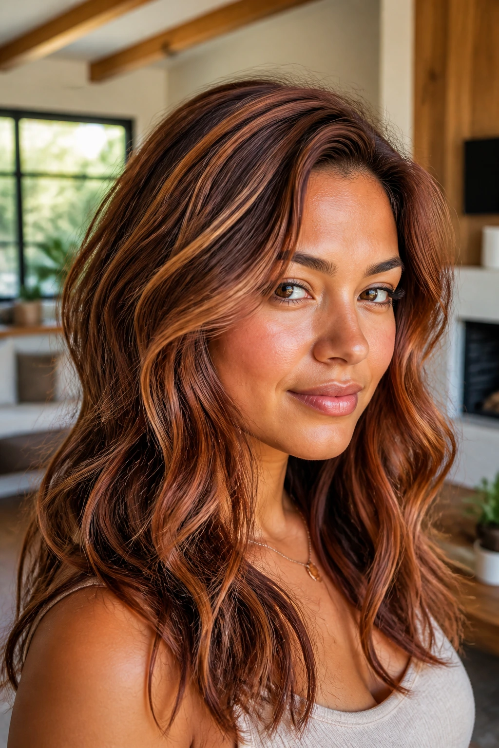 Portrait of a real woman with auburn strawberry swirls on golden tan skin