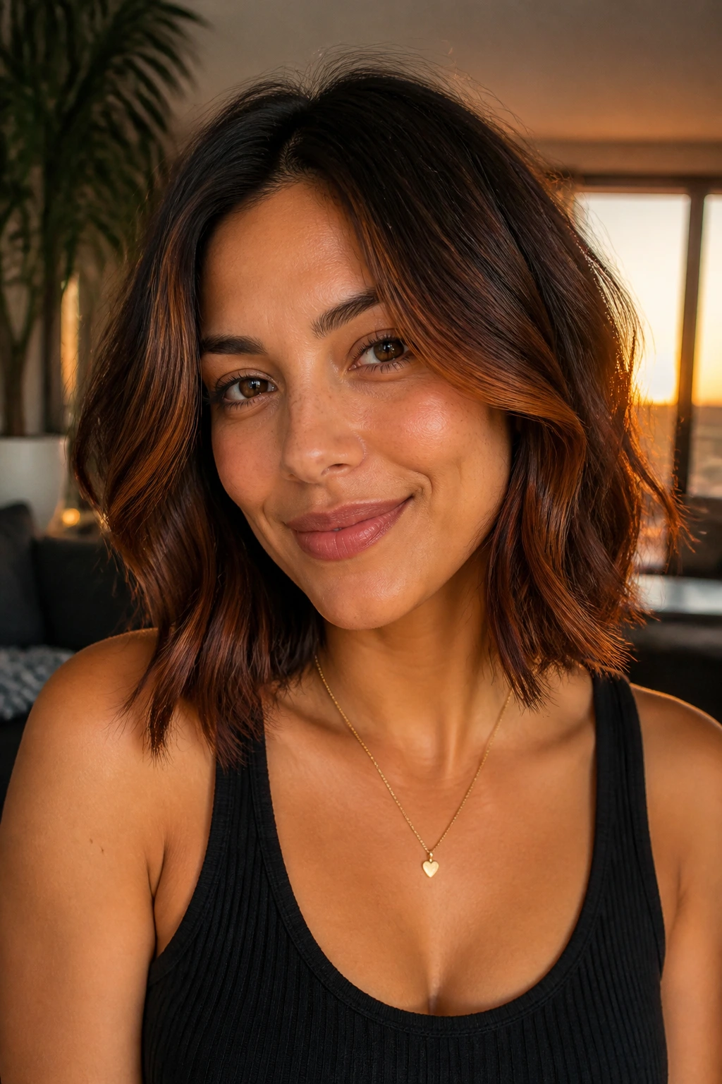 Real woman with toasted auburn lob in warm golden hour light