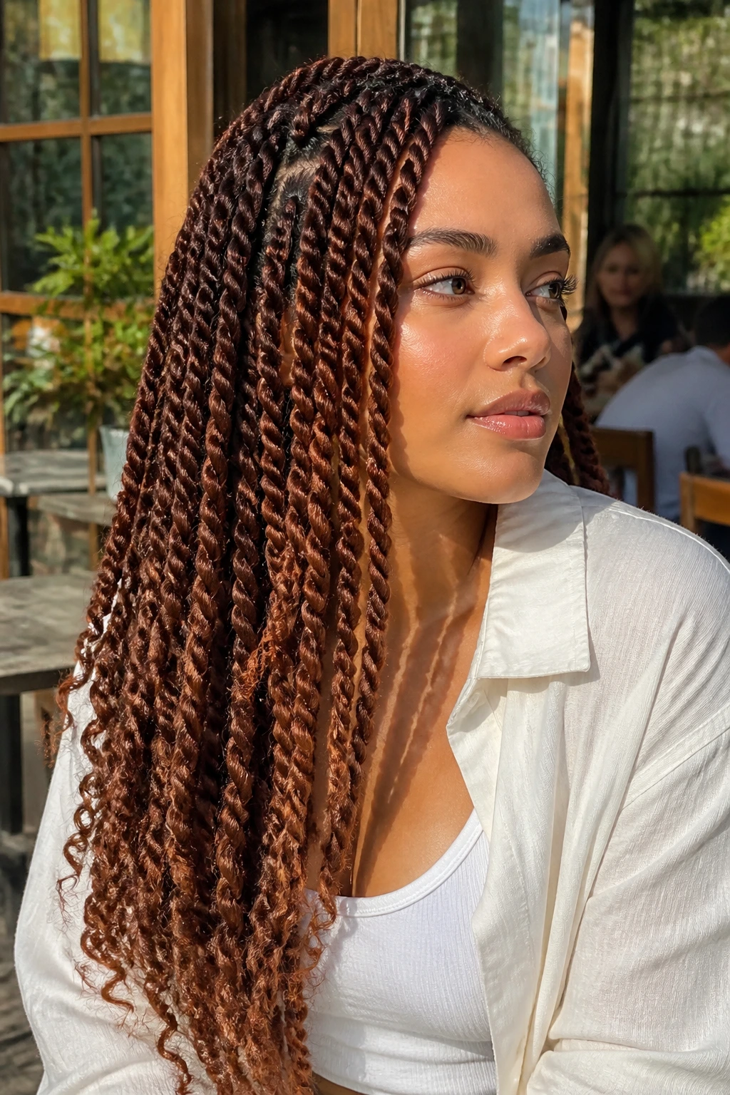 Close-up of a real woman with auburn passion twists glowing in sunlight