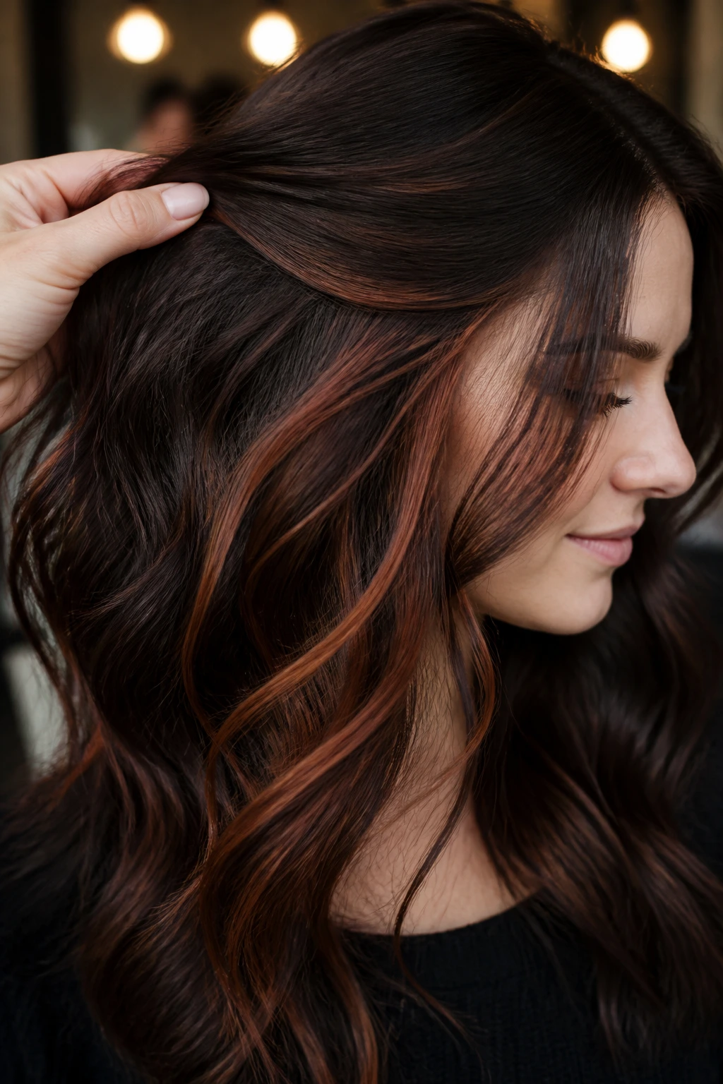 Close-up of underlights peeking through thick hair