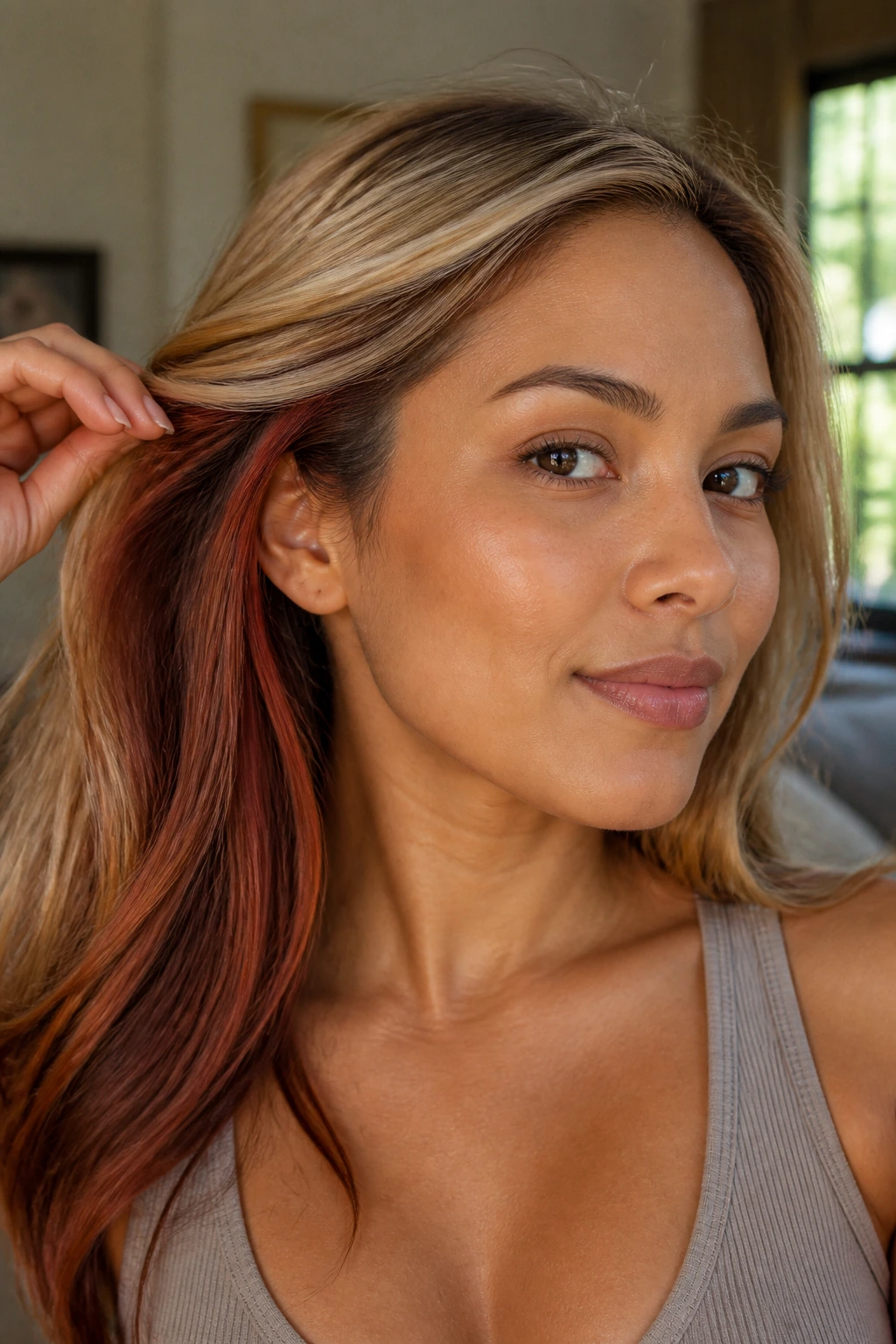 Hair showing auburn underpainting beneath blonde on a real person
