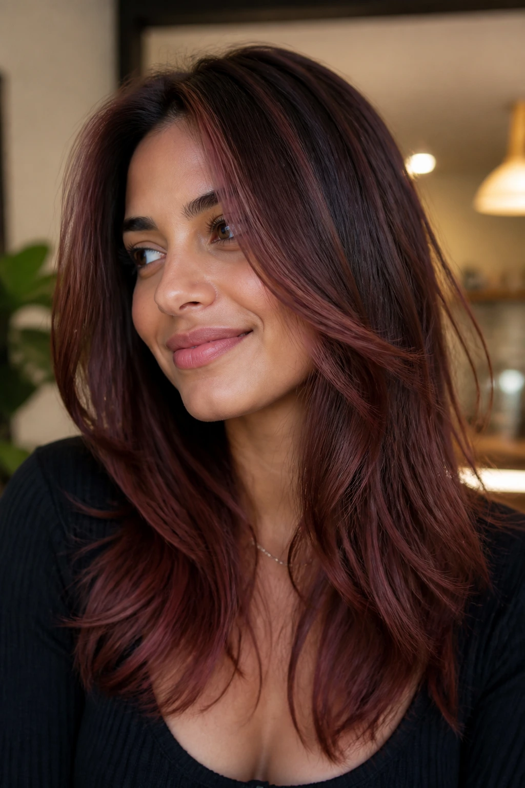 Portrait of a real person with olive skin showing mahogany and chestnut auburn variations around the face