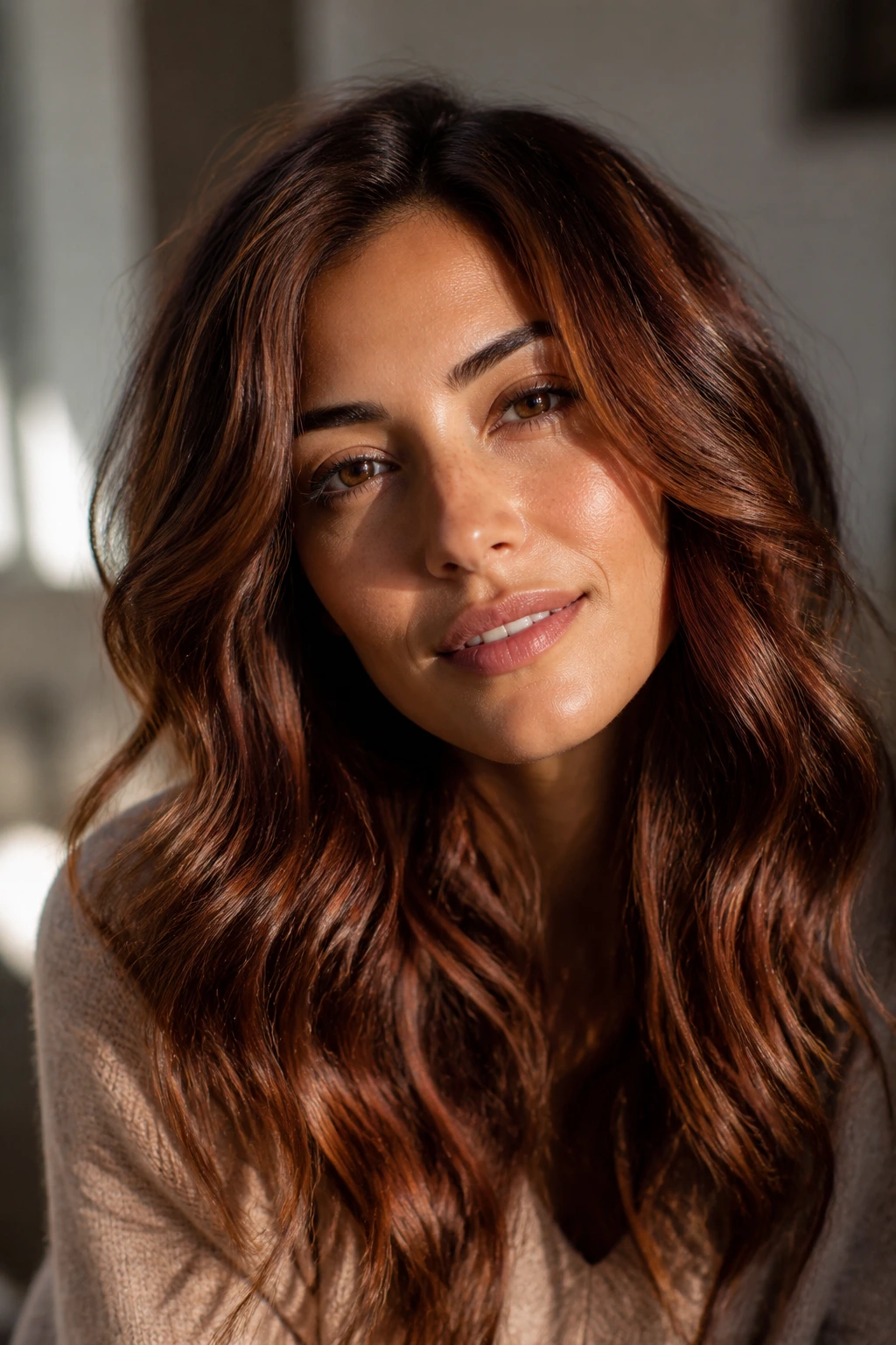 Close-up of a woman with soft auburn brunette waves on olive skin in warm window light